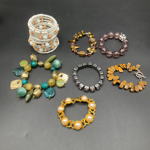 Mixed Fashion Jewelry Bracelet Lot of 7 Boho Beaded Faux Pearl Tiger's Eye