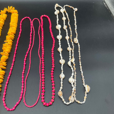Coastal Boho Jewelry Lot of 8 Shell Beaded Yellow Disc Necklaces Vintage Modern