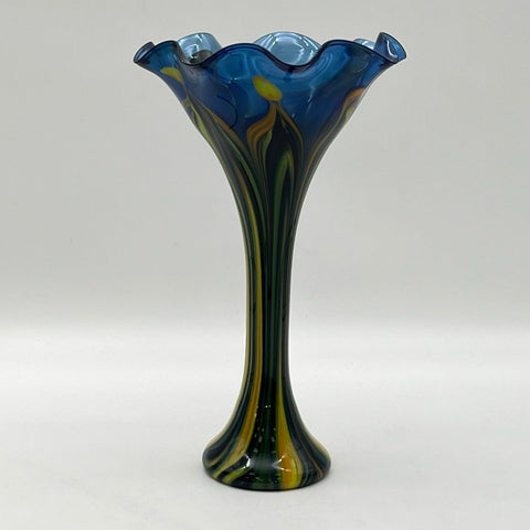 Art Glass Vase Blue Yellow Swirl Pulled Feather Signed Ruffled Rim 14 Inch