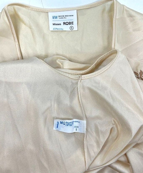 Vintage 80s JCPenney Women's Cream Robe Nightgown Set Floral Embroidery Sz S