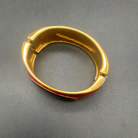 Vintage Monet Gold Tone Red Black Enamel Chunky Hinged Bangle Bracelet