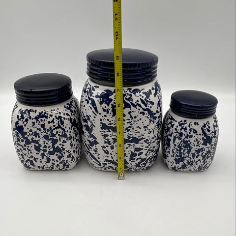 Country Living 3 Piece Canister Set Blue Splatter Stoneware Vintage Jars