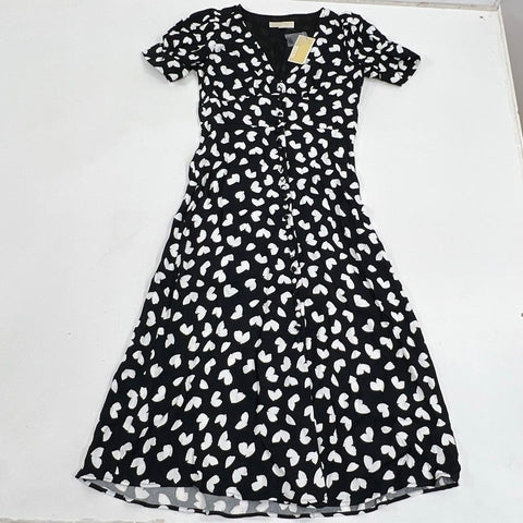 Michael Kors Women's Heart Print Georgette Midi Dress Black NWT Size S