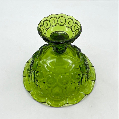 Pressed Glass Moon and Star Pattern Compote Green Pedestal Bowl 8 Inch Vintage
