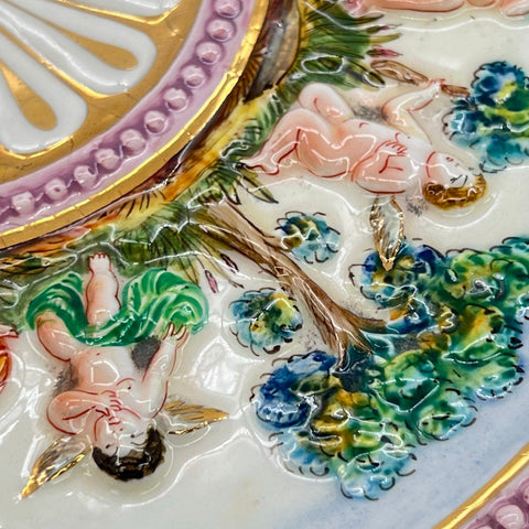Bibi & Co Italy Majolica Relief Plate Cherubs Putti Gold Trim Vintage 14.5 Inch