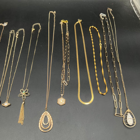 Gold Tone Fashion Necklace Jewelry Lot of 14 Sun Pendant Herringbone Tassel