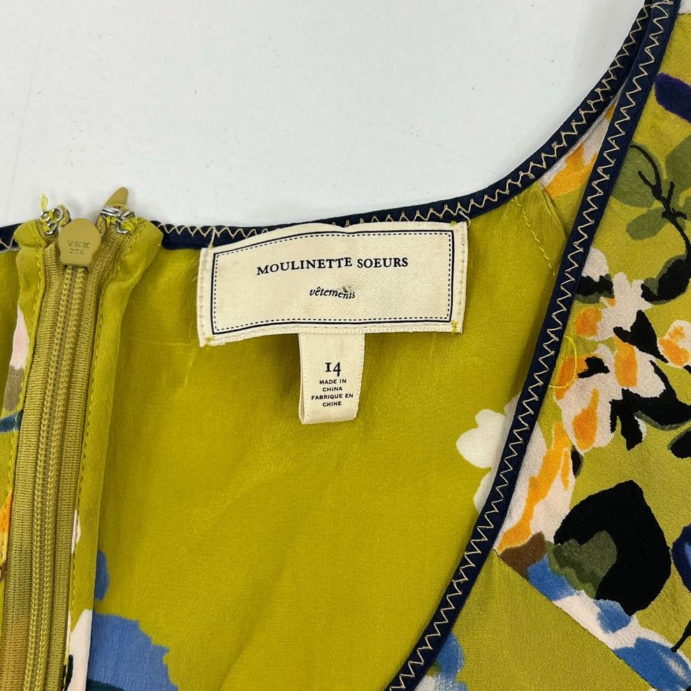 Women's Moulinette Soeurs Chartreuse Floral Silk Short Sleeve Dress - Size 14