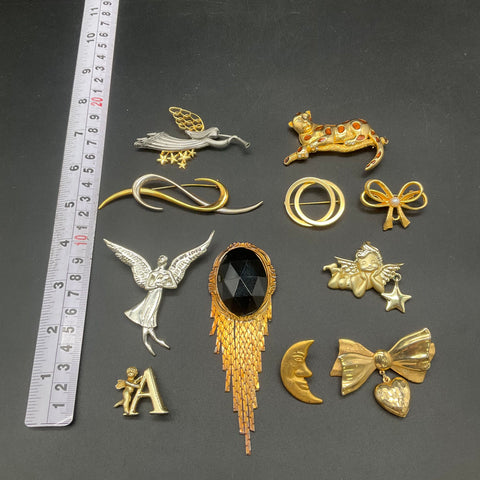 Vintage Costume Jewelry Brooch Lot of 11 Angels Celestial Cat Comet Bows