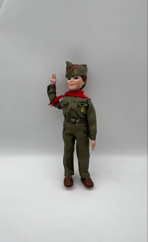 Vintage Boy Scout Doll Bisque Porcelain 17 Inch Full Uniform Salute Pose