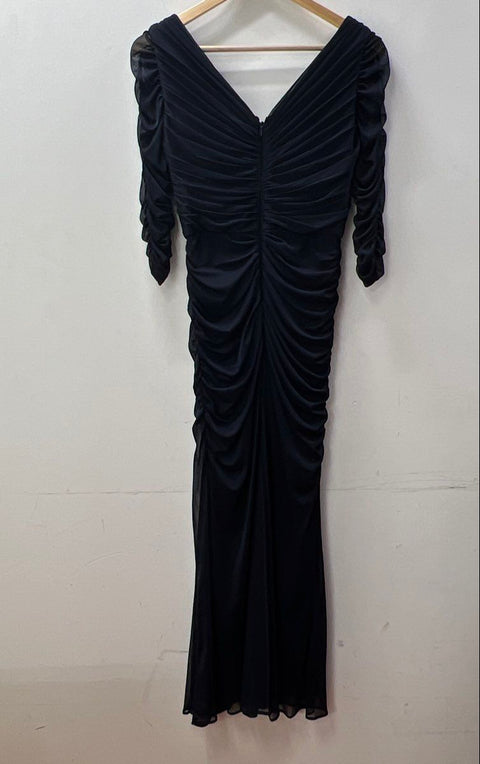 Adrianna Papell Women's Navy Ruched Crystal Embellished V-Neck Gown Sz 4P