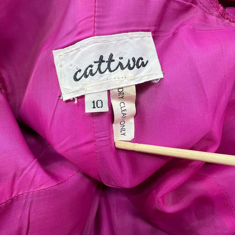 Vintage 80s Cattiva Ruffle Poof Sleeve Prom Party Dress Taffeta Pink Black Sz 10