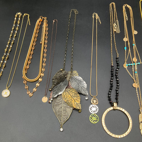 Mixed Costume Jewelry Necklace Lot 12 Boho Leaf Tassel Cherished Teddies 1998