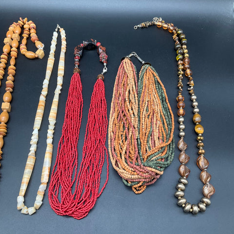 Vintage to Modern Costume Jewelry Lot 8 Necklaces Beaded Wood Shell Bohemian