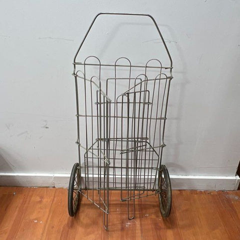 Vintage 70s Metal Wire Folding Grocery Shopping Cart Spoke Wheels Farmhouse