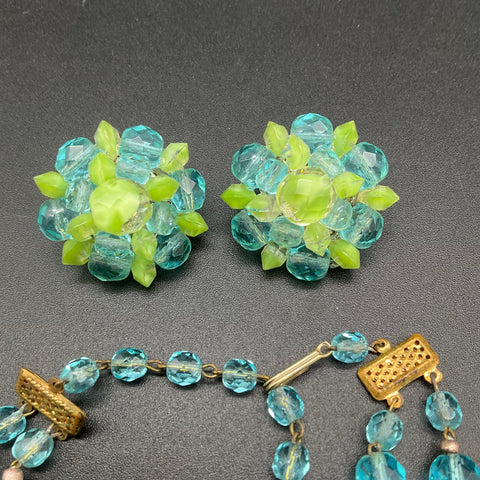 Vintage West Germany Green Blue Plastic Bead Demi Parure Necklace Earrings Set