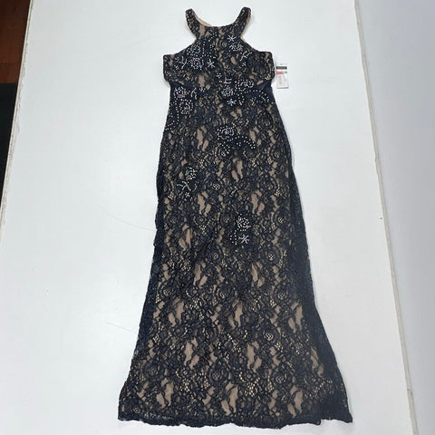 NWT Cachet Women's Black Lace Beaded Halter Maxi Gown Open Back Dress Size 8