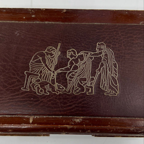 Vintage Wood Desk Jewelry Box Arc de Triomphe Style Greco-Roman Tooled Leather
