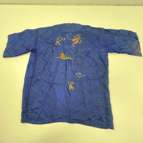 Vintage Japanese Dragon Embroidered Souvenir Robe Jacket Blue Rayon Mid-Century