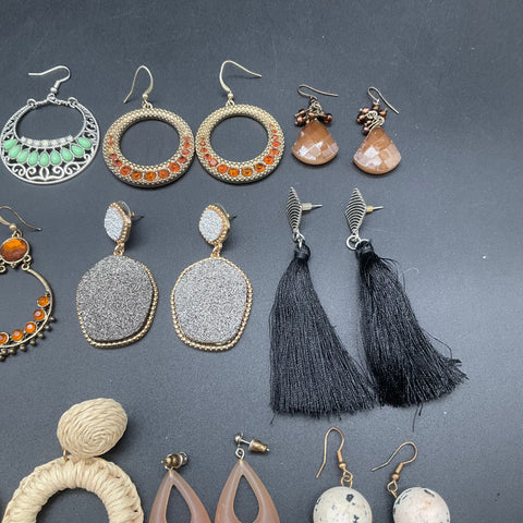 Boho Statement Earrings Lot of 16 Pairs Tassel Raffia Hoop Drop Retro Styles