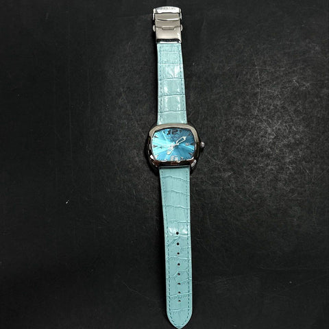 Chronotech 2188L Stainless Steel Watch Light Blue Sunray Dial Leather Strap Box