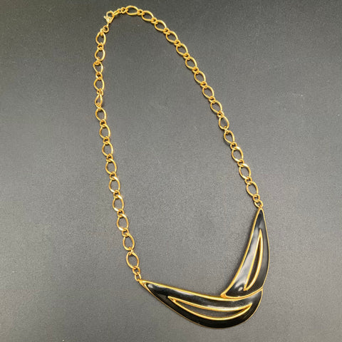 Vintage Monet Gold Tone Black Enamel Crescent Bib Necklace Art Deco Style