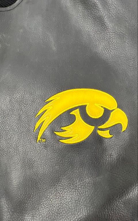 G-III Men's Iowa Hawkeyes Leather Varsity Bomber Jacket Black Yellow Sz 2XL