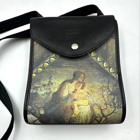 Pierangelo Masciadri Black Leather Silk Art Print Crossbody Bag Made in Italy