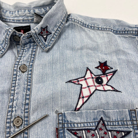 Vintage Y2K Levi's Men's Star Embroidered Light Wash Denim Shirt Sz L