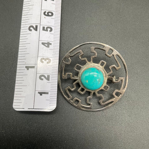 925 Sterling Silver Turquoise Mandala Geometric Cut Out Brooch Pin 10g