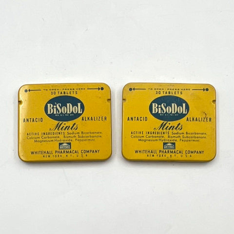 Vintage BiSoDol Mints Antacid Metal Tin Lot of 2 Whitehall Pharmacal Display