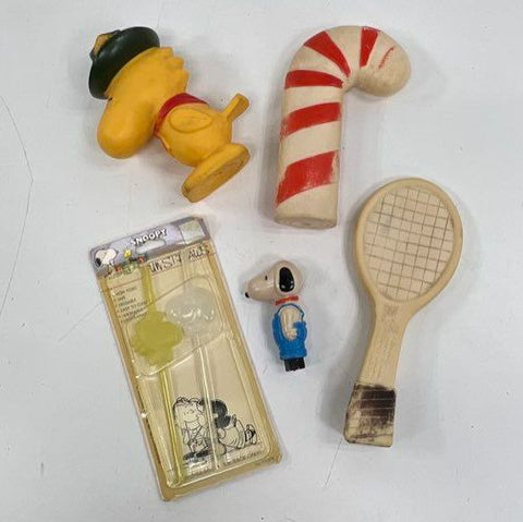 Vintage Snoopy Peanuts Toy Lot 5pc Squeaker Figure Funstraws 1970s 80s UFS