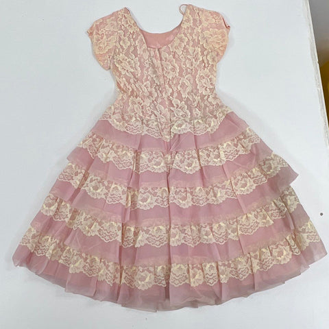 Vintage 60s Women's Pink Cream Tiered Ruffle Lace Fit & Flare Party Dress XS