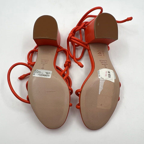 Schutz Vicky Mid Flame Orange Leather Lace Up Block Heel Sandals Size 8B