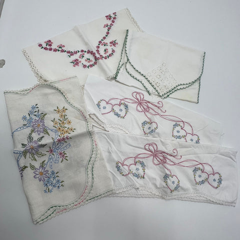 Vintage Lot Hand Embroidered Dresser Scarves Linens Floral Hearts Crochet Lace
