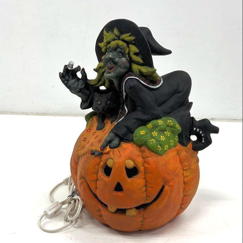 Vintage Halloween Witch Black Cat Pumpkin Jack O'Lantern Ceramic Light Lamp