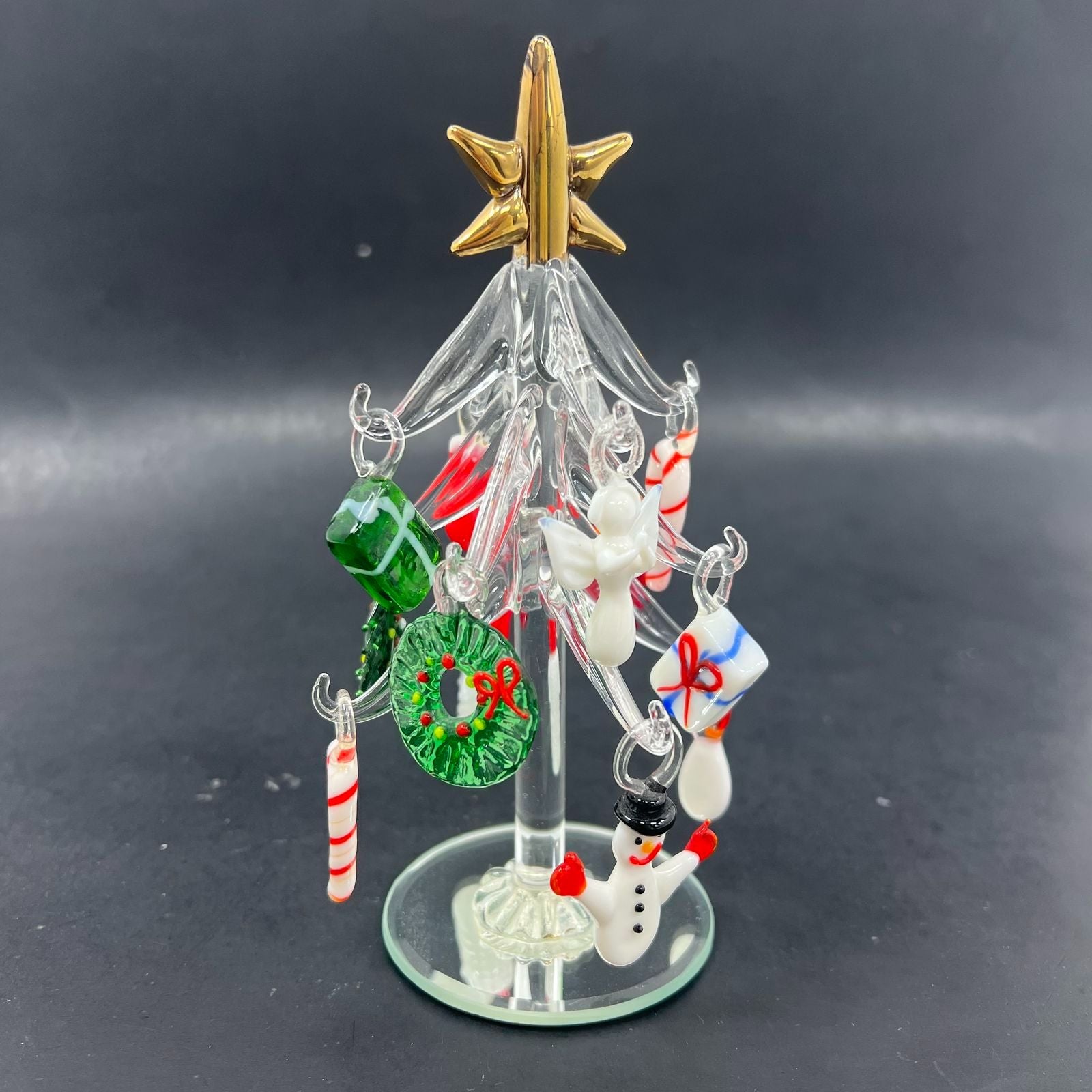 Hand Blown 13 Mini Ornaments Glass with Christmas Tree Art Glass Stand