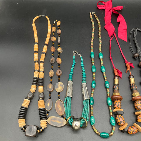 Vintage Boho Tribal Statement Necklace Lot 7pc Wood Bone Beaded Ethnic Designs