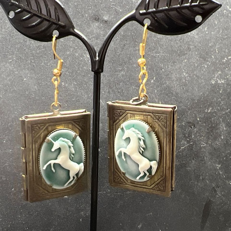 Unicorn Cameo Book Locket Earrings