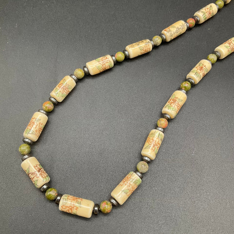Vintage Chinese Export Style Hand Painted Porcelain & Unakite Necklace Set