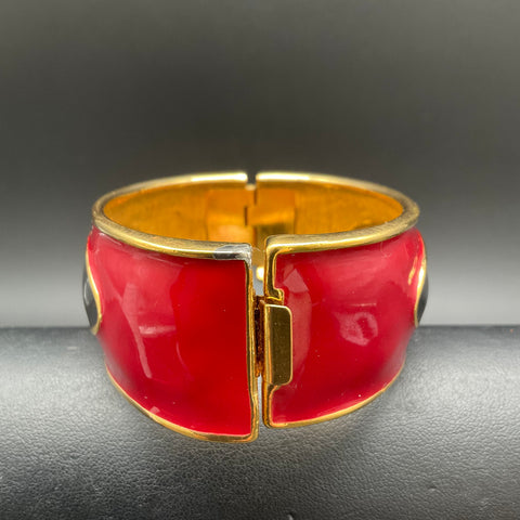 Vintage Monet Gold Tone Red Black Enamel Chunky Hinged Bangle Bracelet