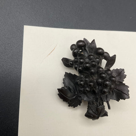 Antique Victorian Carved Vulcanite Grapes Mourning Brooch 2 Inch