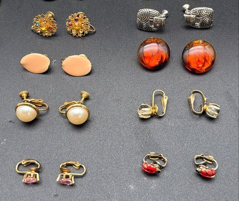 Vintage Costume Clip On Earrings Lot of 28 Pairs Faux Pearl Enamel Rhinestone