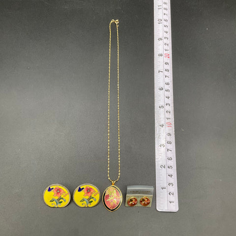 Vintage Cloisonne Enamel Jewelry Lot Floral Butterfly Necklace Earrings 5pc