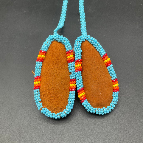 Vintage Miniature Beaded Moccasin Necklace Suede Bootie Turquoise Blue 17"