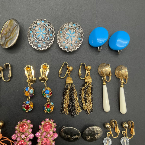 Vintage to Modern Clip On Earrings Jewelry Lot 16 Pairs Rhinestone Enamel
