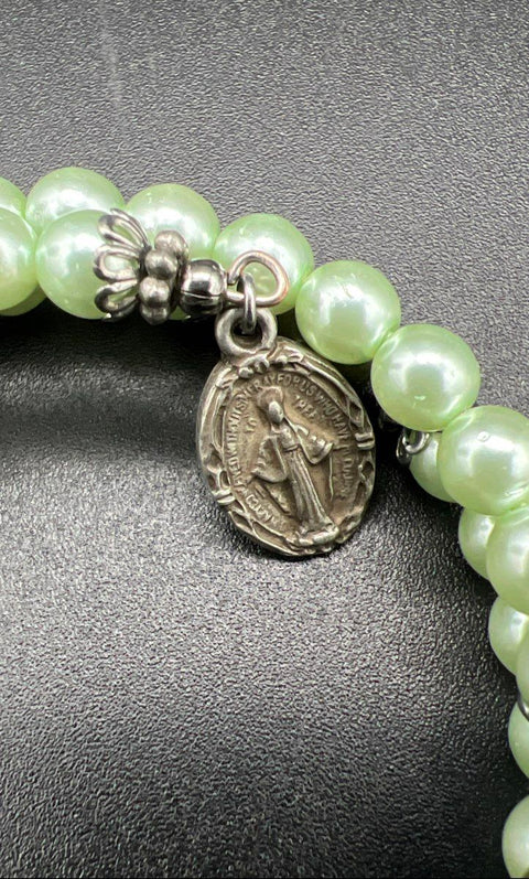 Vintage Connemara Marble Rosary Bracelet Faux Pearl Green 7" Miraculous Medal