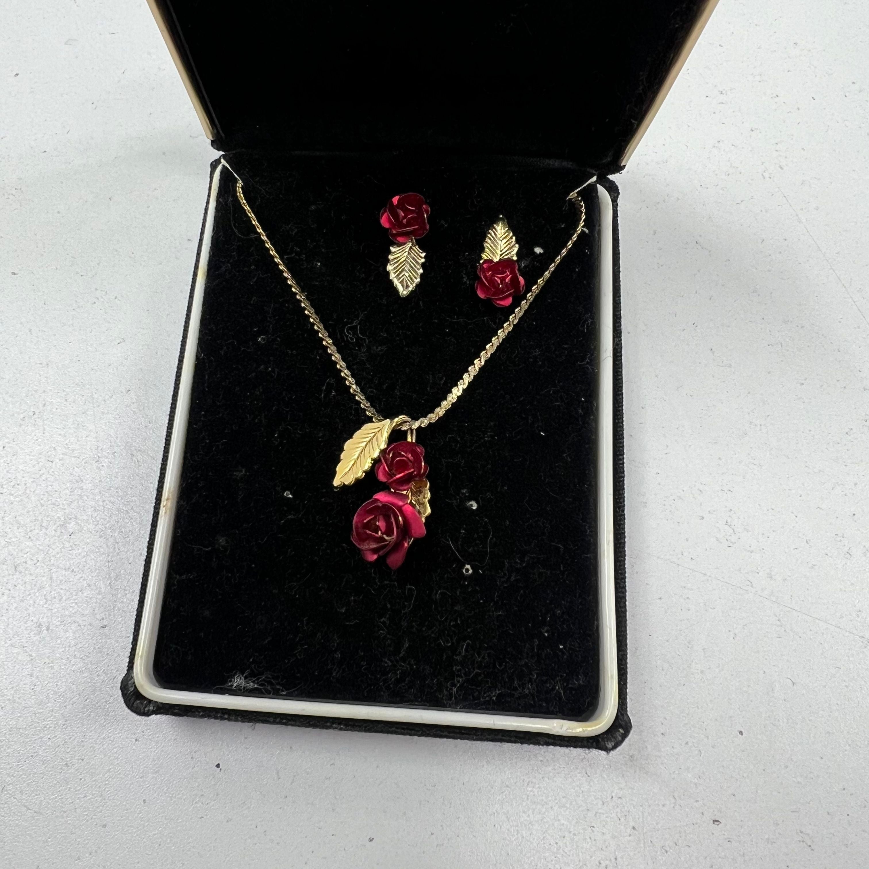 Costume Jewelry Set Necklace & Earrings Gold Tone Red Roses