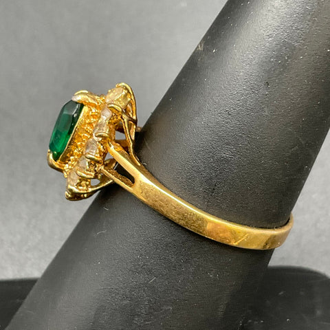 Vintage Uncas 18K GE Faux Emerald Glass Marquise Halo Ring Size 8 Costume