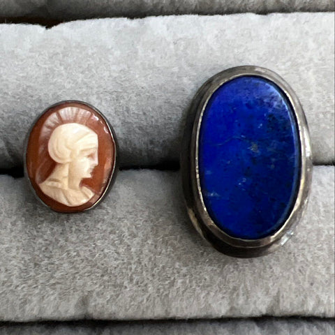 Vintage Silver Tie Tack Lot Hand Carved Cameo & Polished Lapis Lazuli Stone