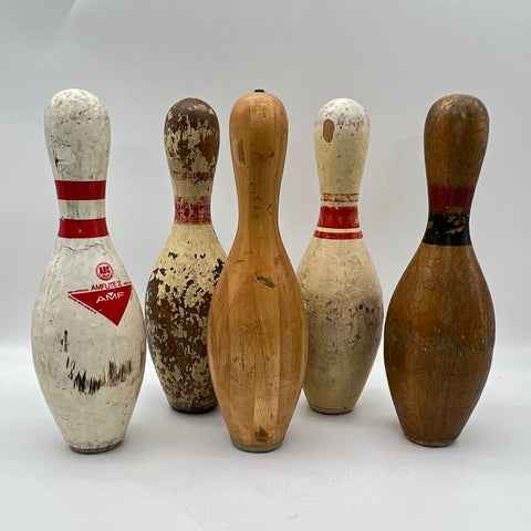 Vintage Bowling Pin Lot of 5 AMF Amflite II Wood Decorative Distressed ABC